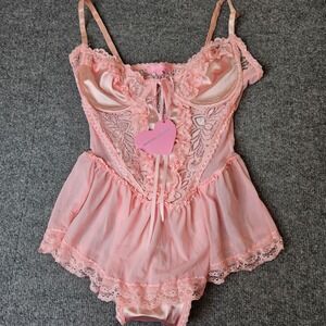 NWT Sugar Thrillz Lace Teddy Pink Satin Trim Thong Back Size Medium Dolls Kill
